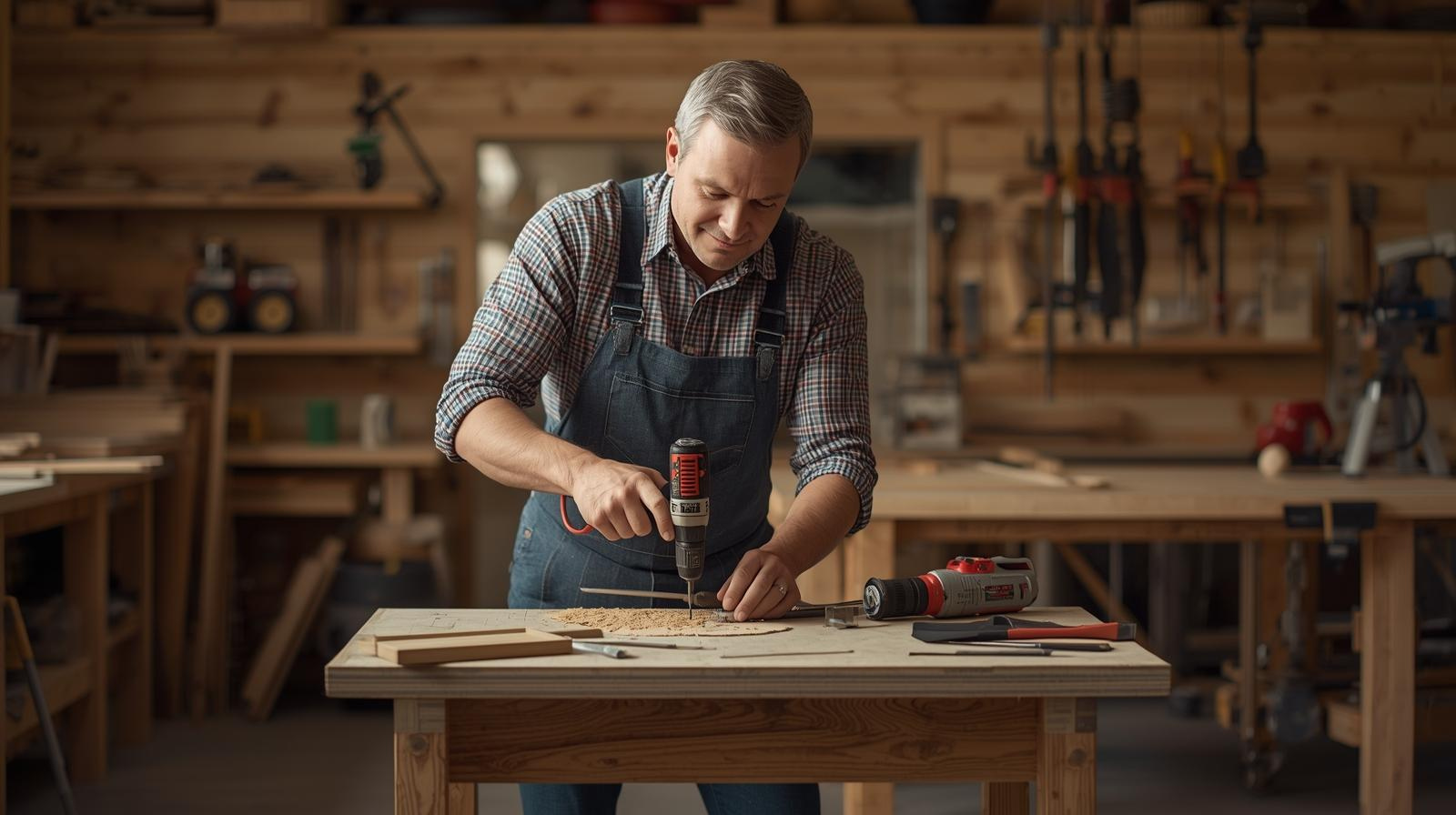  Woodworker measuring wood plank with tape measure in home workshop